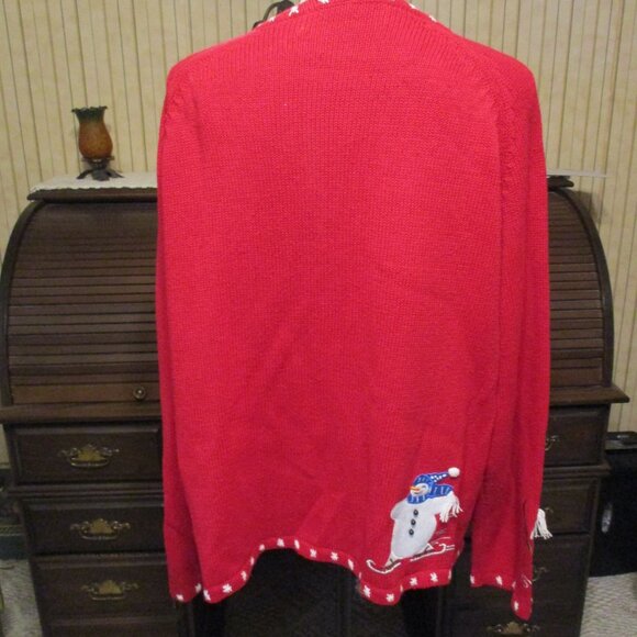 Holiday Red Zippered Sweater w/Appliqued Snowman, Pearls, Sequins & Embroidery - Picture 4 of 4